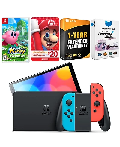 Nintendo Switch Neon Red & Blue Oled Console with Kirby and the Forgotten Land, Nintendo $20 eShop Gift Card, MightySkins Console and Controller Skin