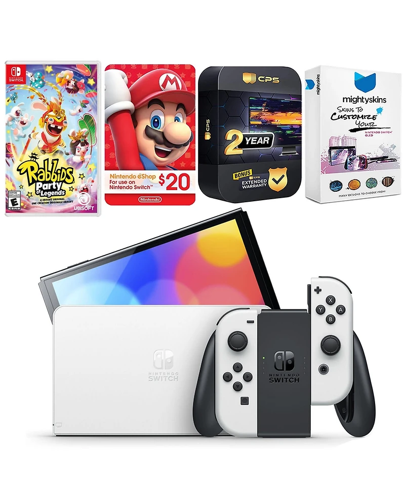 Nintendo Switch White Oled Console with Rabbids: Party of Legends, Nintendo $20 eShop Gift Card, MightySkins Console and Controller Skin Voucher, and
