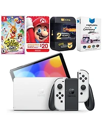 Nintendo Switch White Oled Console with Rabbids: Party of Legends, Nintendo $20 eShop Gift Card, MightySkins Console and Controller Skin Voucher, and