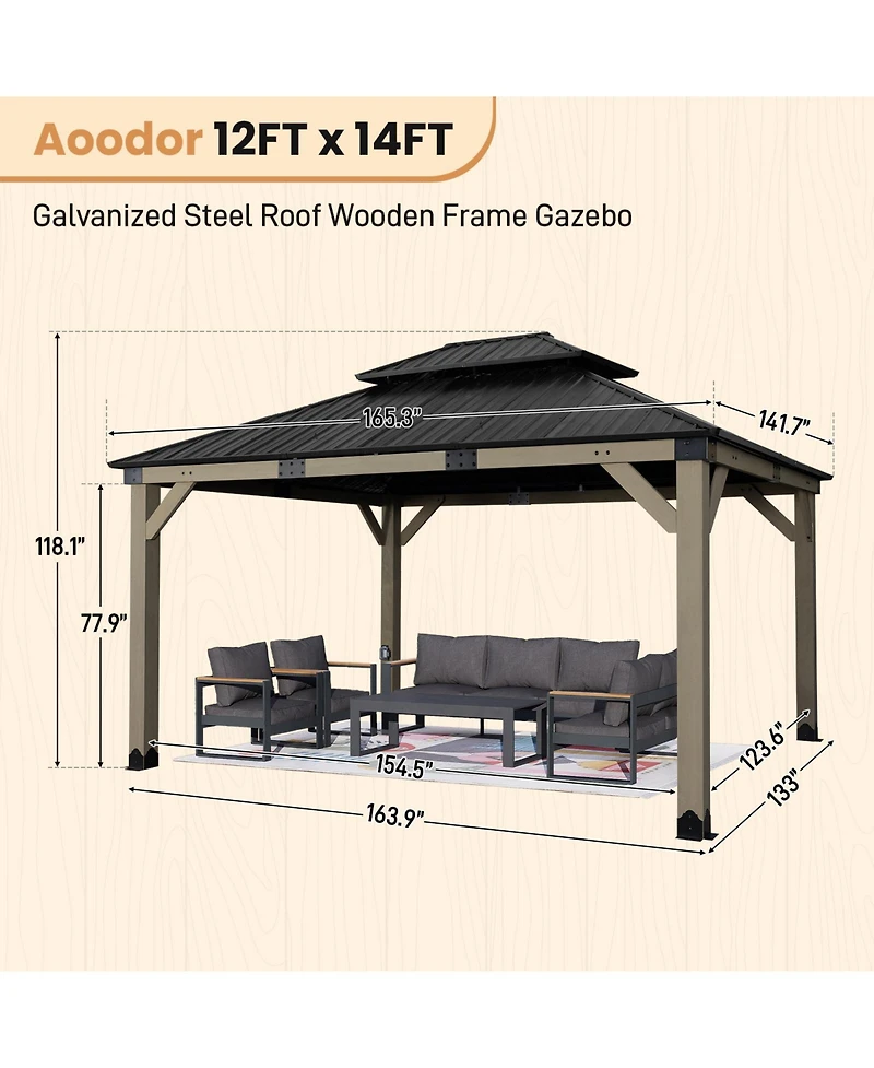 Aoodor 12' x 14' Wood Gazebo, Upgrade Cedar Wooden Frame Gazebo with 2-Tier Galvanized Steel Roof and Outlets for Patio, Backyard, Deck, and Lawn