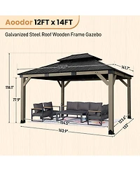 Aoodor 12' x 14' Wood Gazebo, Upgrade Cedar Wooden Frame Gazebo with 2-Tier Galvanized Steel Roof and Outlets for Patio, Backyard, Deck, and Lawn