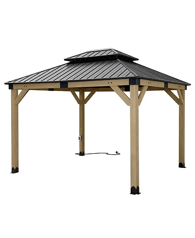 Aoodor 10 x 12 ft Wooden Frame Gazebo with 2-Tier Galvanized Metal Hardtop Roof, Outdoor Patio Gazebo with Charging Socket