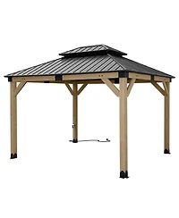 Aoodor 10 x 12 ft Wooden Frame Gazebo with 2-Tier Galvanized Metal Hardtop Roof, Outdoor Patio Gazebo with Charging Socket