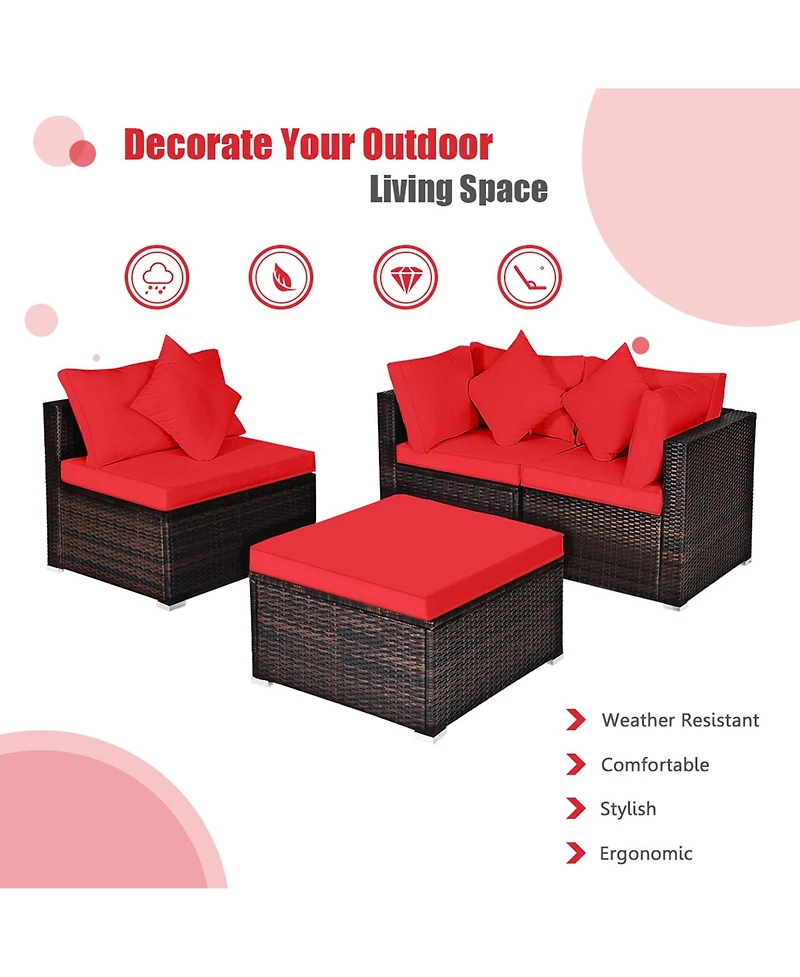 Gymax 4PCS Rattan Patio Conversation Furniture Set Yard Outdoor w/ Red Cushion