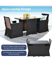 Gymax 3PCS Patio Wicker Bistro Set Pe Rattan Dining Table Set w/ Navy Cushions