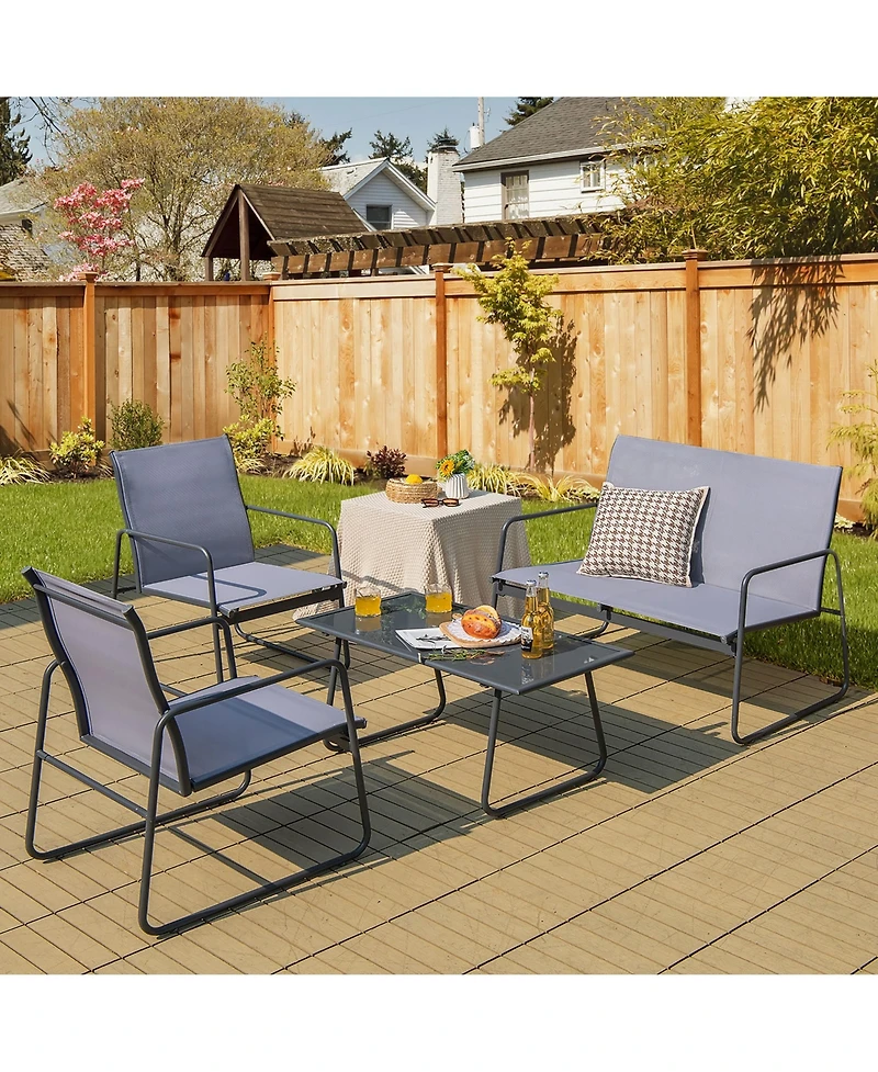Gymax 4PCS Metal Outdoor Conversation Set Patio Furniture Set w/ Glass Table