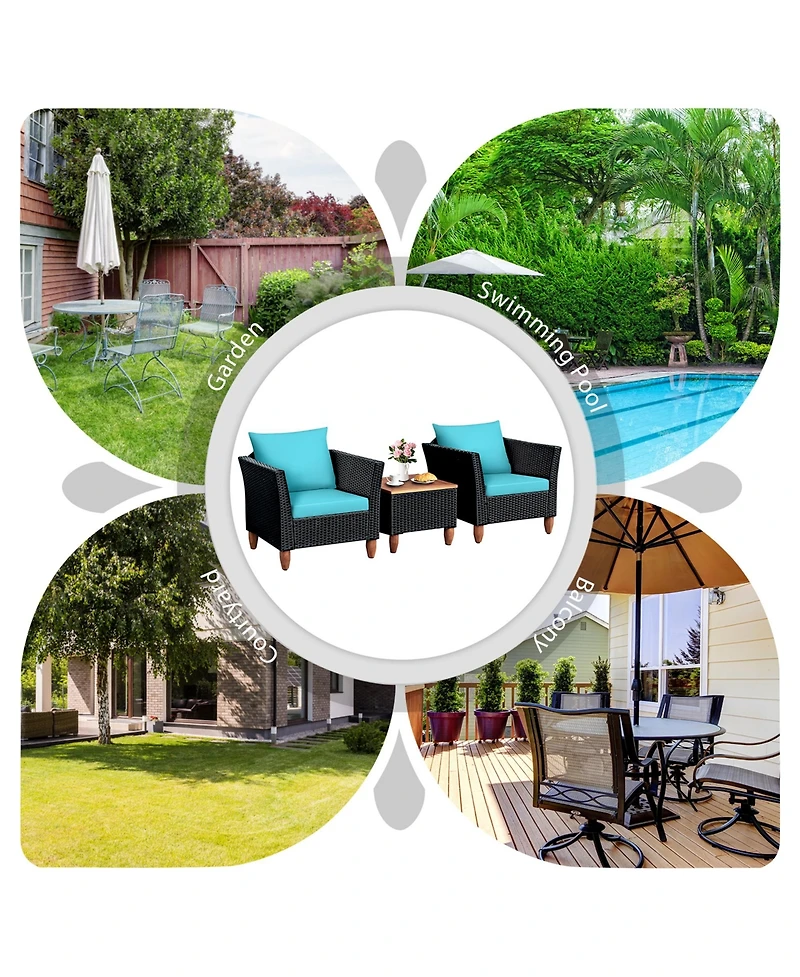 Gymax 3Pieces Patio Rattan Conversation Furniture Set Yard Outdoor with Cushions