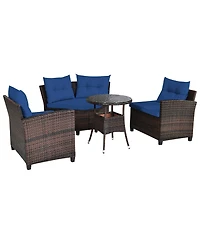Gymax 4PCS Patio Furniture Set Outdoor Rattan Sectional Sofa Set w/ Navy Cushions