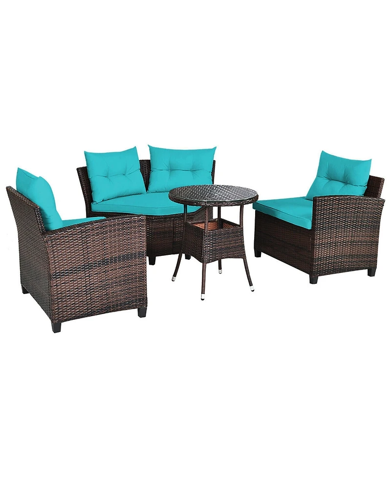 Gymax 4PCS Patio Furniture Set Outdoor Rattan Sectional Sofa Set w/ Turquoise Cushions