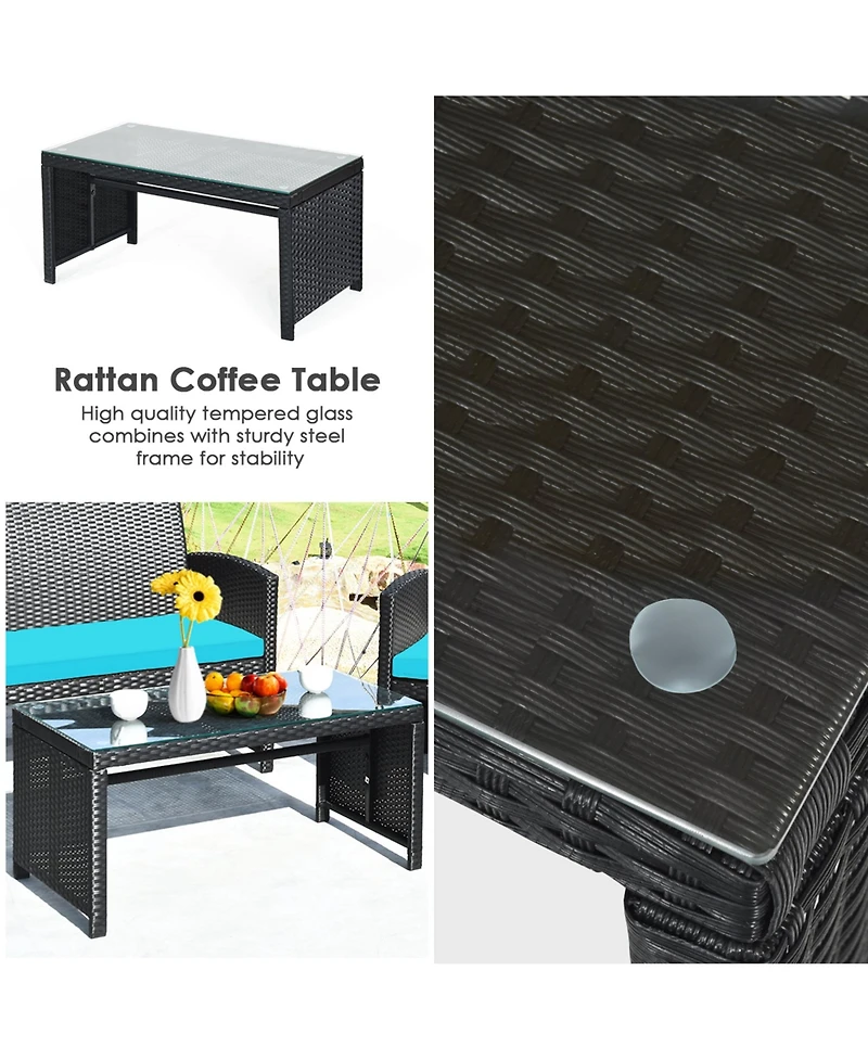 Gymax 4PCS Rattan Outdoor Conversation Set Patio Furniture Set w/ Turquoise Cushions