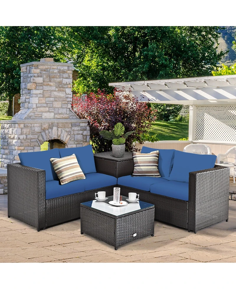 Gymax 4PCS Cushioned Rattan Patio Conversation Set w/ Side Table Navy Cushion