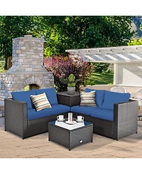 Gymax 4PCS Cushioned Rattan Patio Conversation Set w/ Side Table Navy Cushion