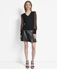 Dkny Women's V-Neck Rib-Knit Satin-Long-Sleeve