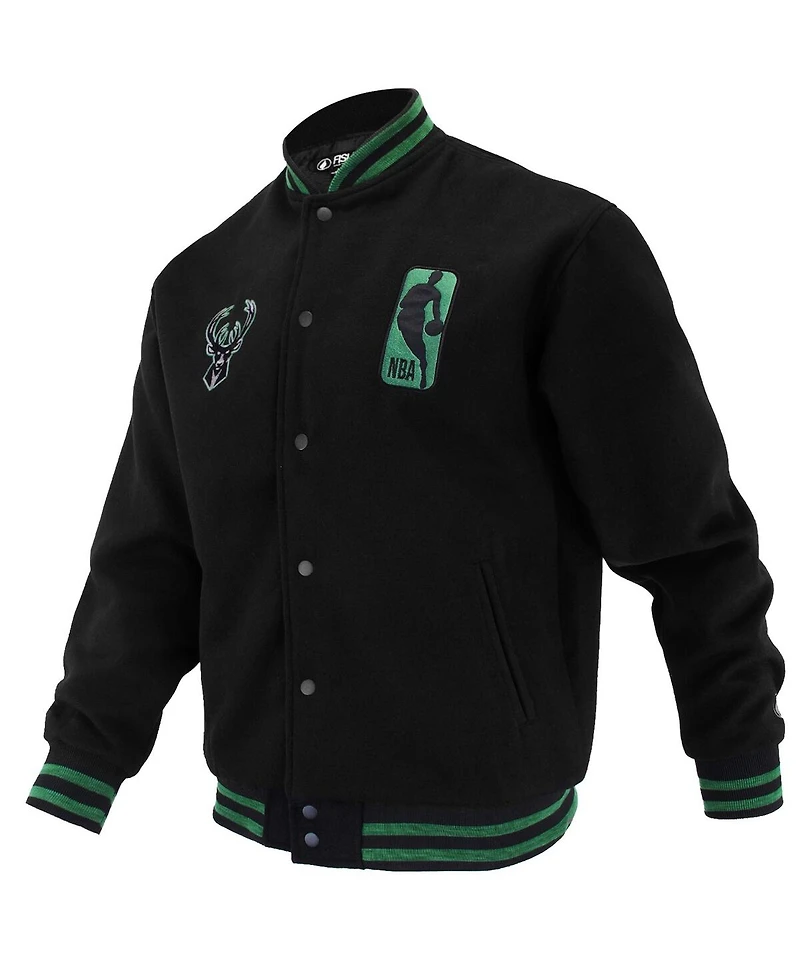 Fisll Men's and Women's Black Milwaukee Bucks Logo Man Shadow Collection Full-Snap Varsity Jacket