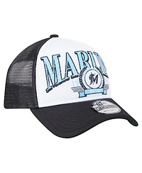 New Era Men's Black Miami Marlins Distressed 9FORTY A-Frame Adjustable Trucker Hat