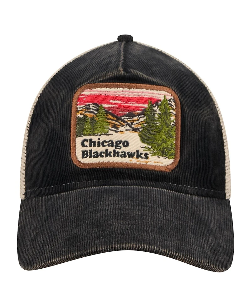 New Era Men's Black/Cream Chicago Blackhawks Vintage Landscape 9TWENTY A-Frame Adjustable Trucker Hat