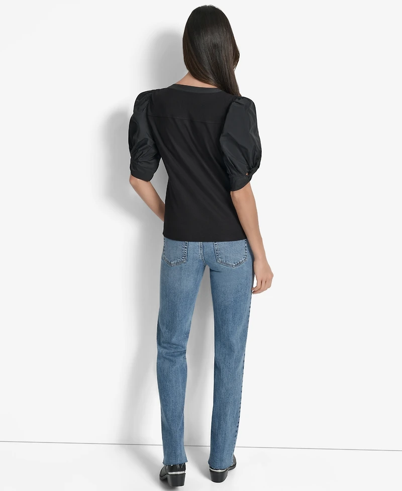 Dkny Women's Mixed-Media Taffeta Puff-Sleeve Top