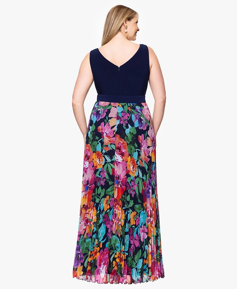 Xscape Plus V-Neck Sleeveless Printed-Skirt Gown