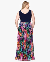 Xscape Plus V-Neck Sleeveless Printed-Skirt Gown