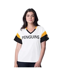G-iii 4Her by Carl Banks Women's White Pittsburgh Penguins Rink Oversized Rhinestone V-Neck T-Shirt