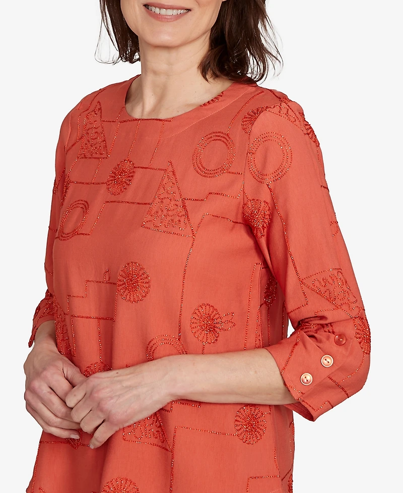 Alfred Dunner Women's Copper Canyon Metallic Embroidered Geometric Top