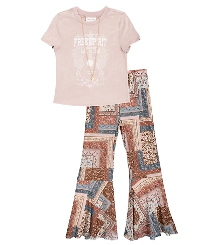 Rare Editions Big Girls 2-Piece Boho T-Shirt and Mesh Flare Pants Set