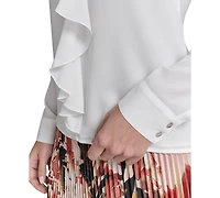 Calvin Klein Petite Ruffle-Trim Collared Blouse