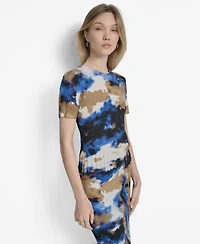 Dkny Women's Printed Mix-Rib Short-Sleeve Sweater