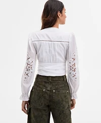 Avec Les Filles Women's Cotton Pintuck Lace-Trim Button-Front Blouse