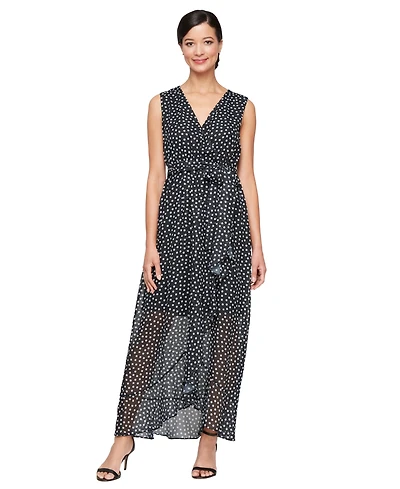 Sl Fashions Women's Printed Chiffon Ruffled Sleeveless Dress