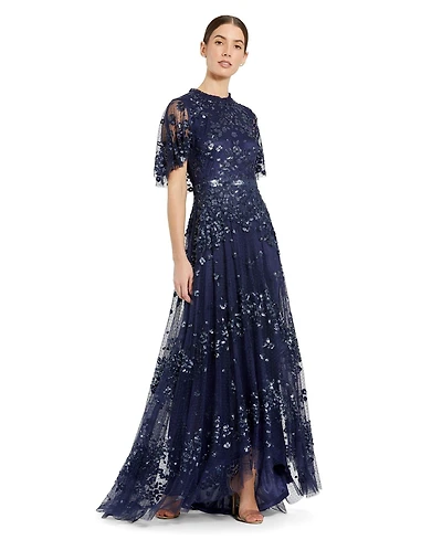 Mac Duggal Women's Sequined High Neck Flutter Sleeve A Line Gown