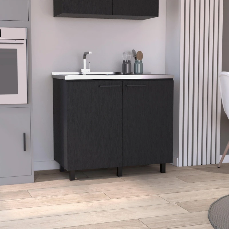 Salento 2 Freestanding Utility Base Cabinet with Stainless Steel Countertop and 2-Door, Smokey Oak