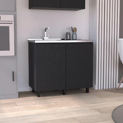 Salento 2 Freestanding Utility Base Cabinet with Stainless Steel Countertop and 2-Door, Smokey Oak