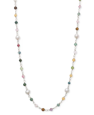 Cultured Freshwater Pearl (4-5mm) & Multicolor Tourmaline 18" Collar Necklace in Sterling Silver