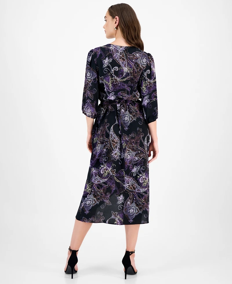 Connected Women's 3/4-Sleeve Faux-Wrap Midi Dress