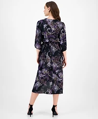 Connected Women's 3/4-Sleeve Faux-Wrap Midi Dress