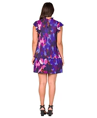 24seven Comfort Apparel Petite Multicolor Ruffle Cap Sleeve Tiered Mini Dress