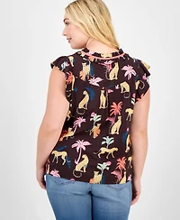Democracy Trendy Plus Printed Split-Neck Flutter-Sleeve Top