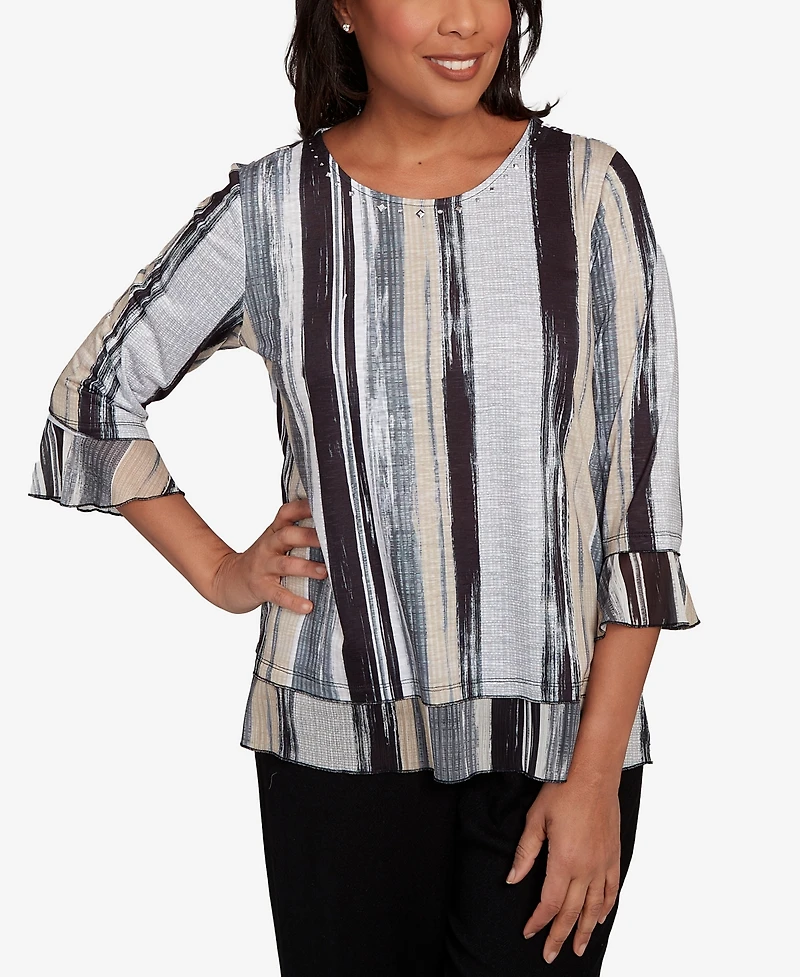 Alfred Dunner Women's Santa Barbara Etched Stripe Bell Sleeve Top