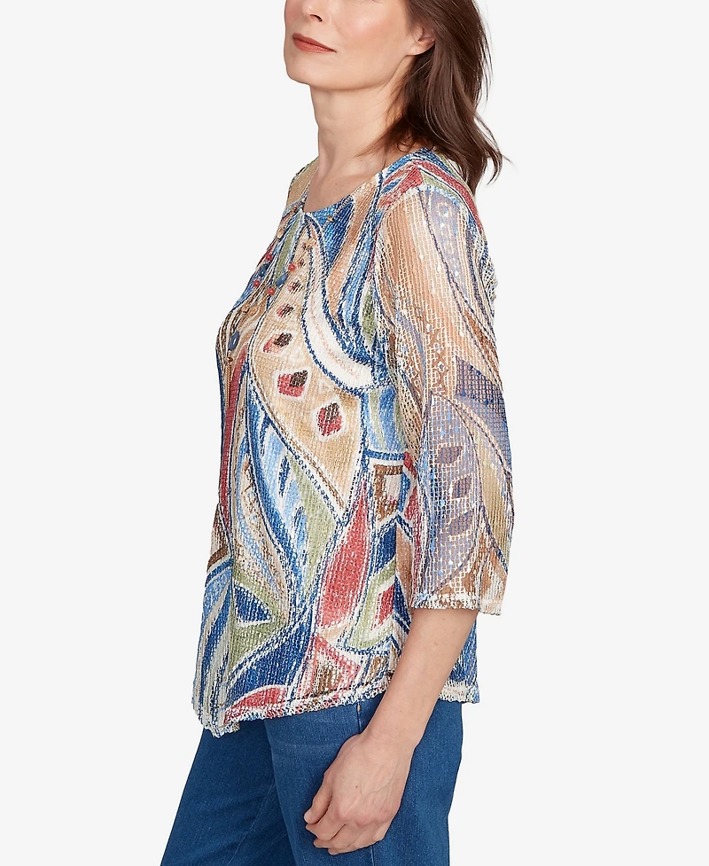 Alfred Dunner Women's El Paso Printed Leaf Textured Top with Necklace