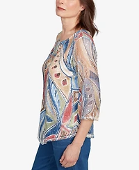 Alfred Dunner Women's El Paso Printed Leaf Textured Top with Necklace