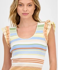 T Tahari Women's Striped Ribbed Flutter-Sleeve Scoop-Neck Top