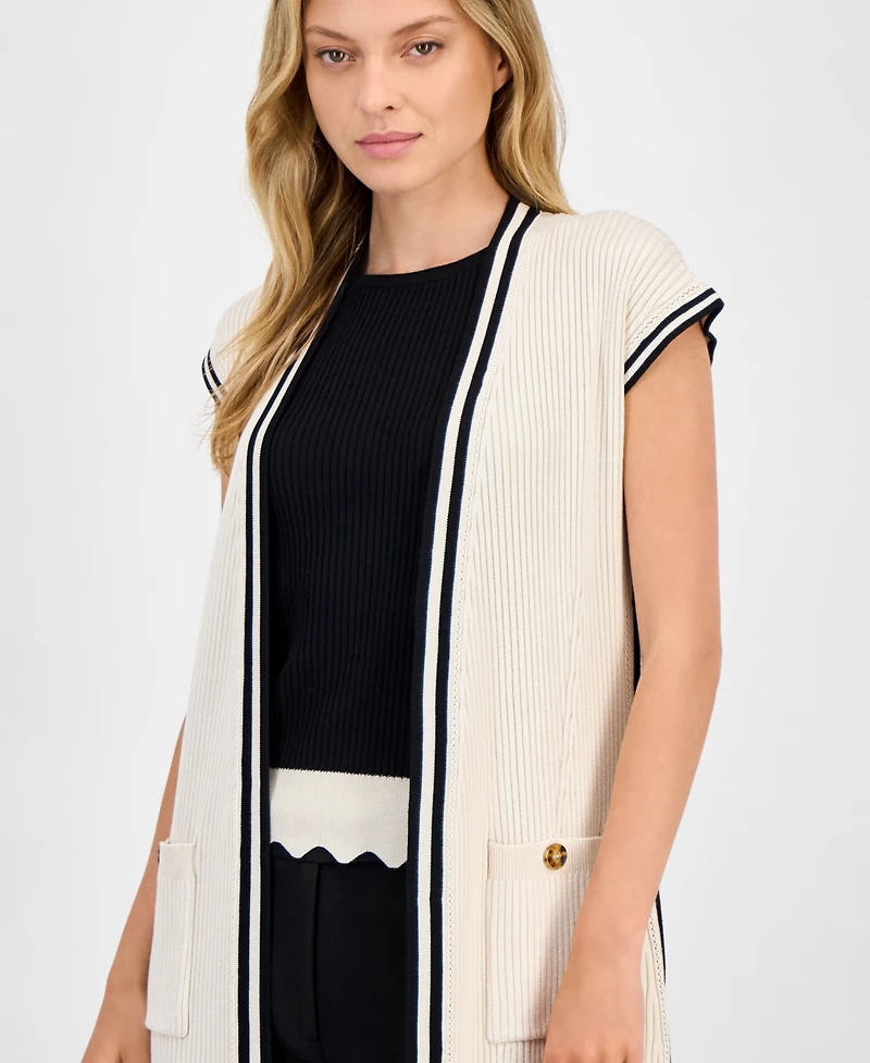 T Tahari Women's Ribbed Pocket-Front Cardigan Sweater