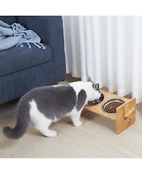 Bingopaw Adjustable Dual Cat Bowl Bamboo Elevated Stand Steel Pet Feeder Bowls