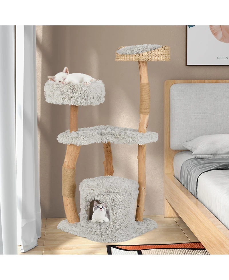 Solid Wood Cat Tower with Top Cattail Basket Cat Bed