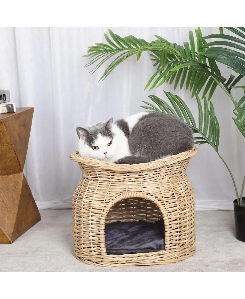 Bingopaw 2-Tier Elevated Cat Bed Wicker Ratten Cat Basket Play House W/ Soft Cushion