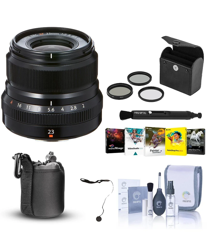 Fujifilm Xf 23mm (35mm) F/2R Wr Lens, Black - Bundle With 43mm Filter Kit, Lens Case, Cleaning Kit, Capleash, Lens Cleaner, Pc Sofrtware Package