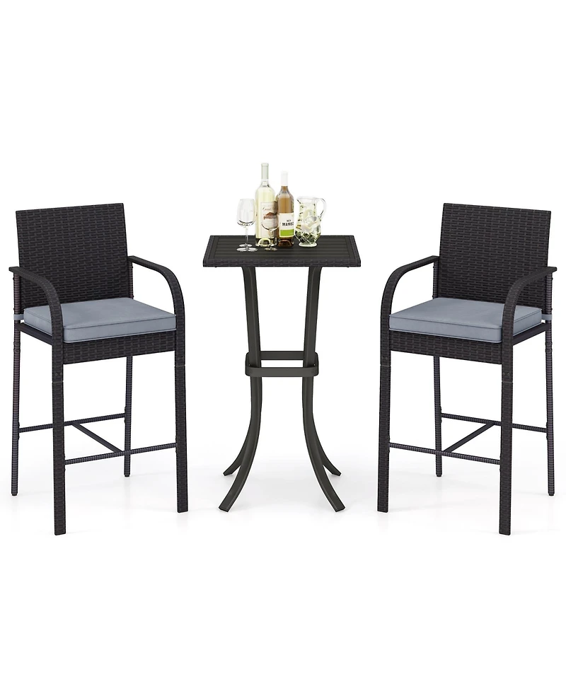 3-Piece Patio Wicker Rattan Bar Height Chairs and Square Table Set