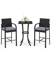 3-Piece Patio Wicker Rattan Bar Height Chairs and Square Table Set