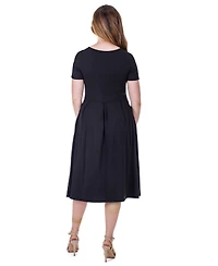 24seven Comfort Apparel Petite Midi Dress with Short Sleeves and Pocket Detail